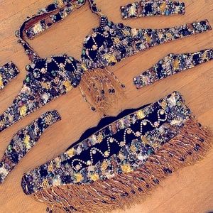 Black Beaded Two-Piece Set with Gold Fringe